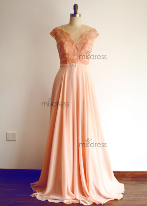 Coral Beaded Chiffon Long Prom Dress